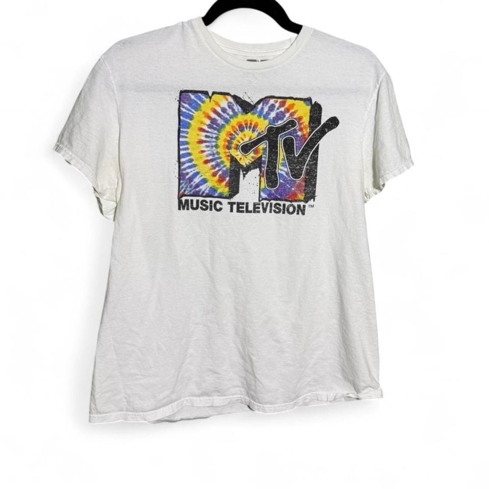 MTV Music Television size L white tie-dye t-shirt